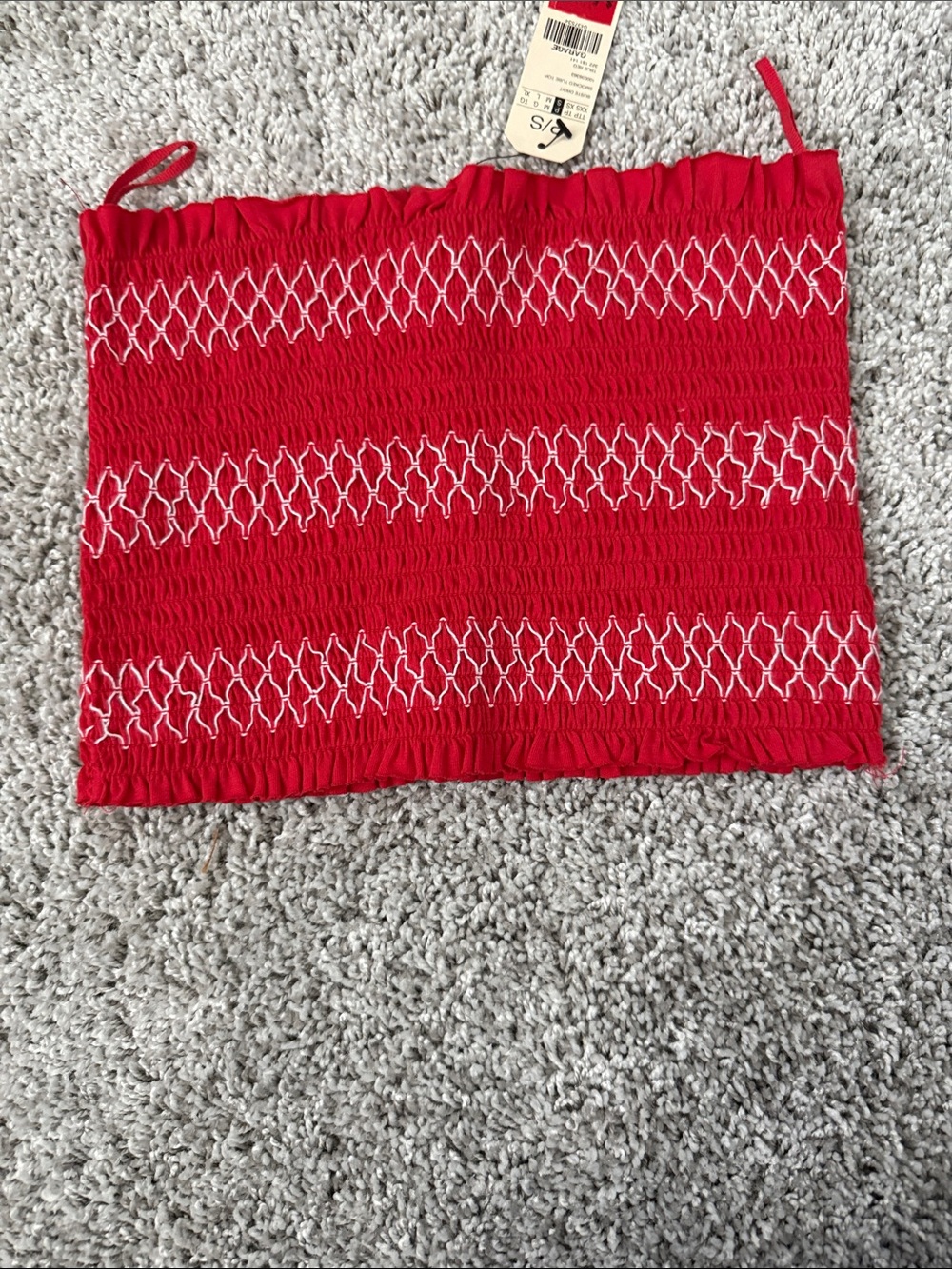 Red Smocked Tube Top with White Stitching